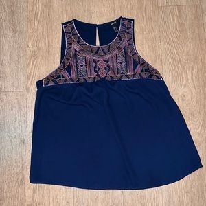 Forever 21 navy blue sleeveless chiffon blouse with tribal embroidery patten